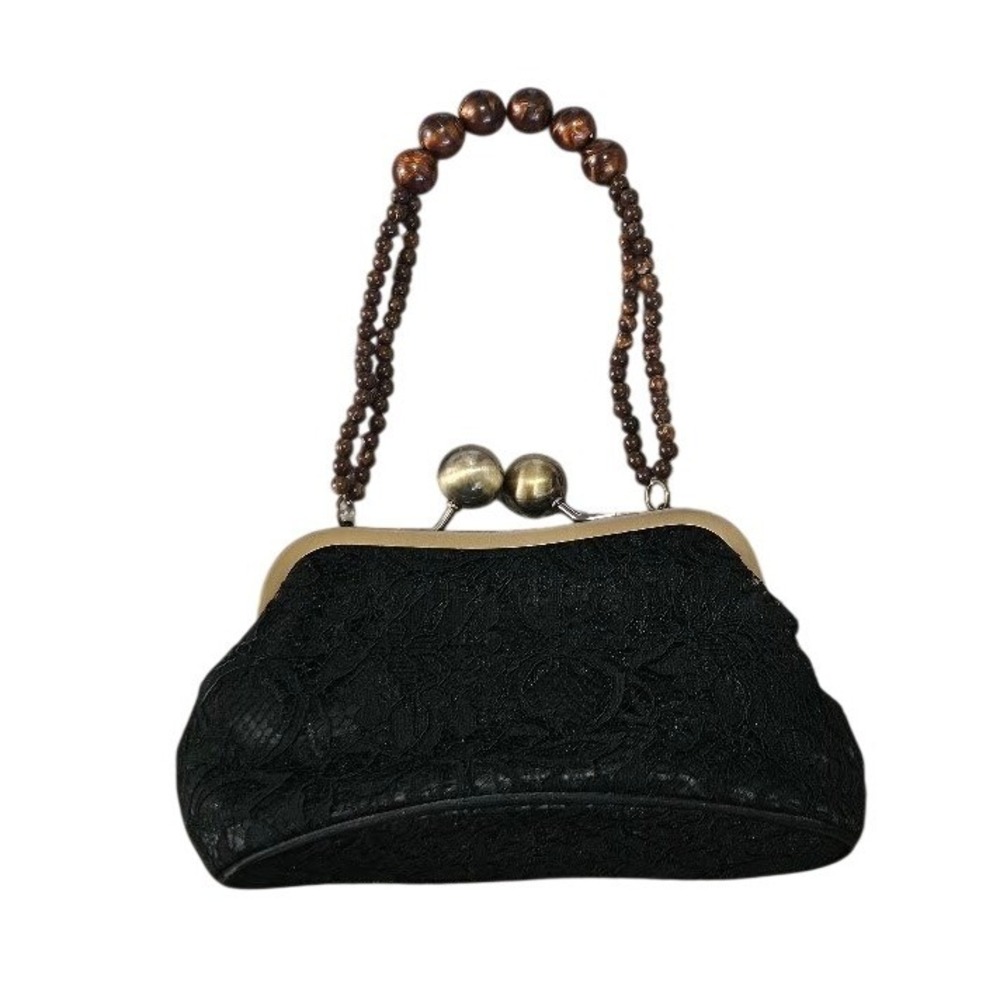 Black Lace Kiss Lock Clutch Bag with Wooden Bead Handle Vintage Style Evening
